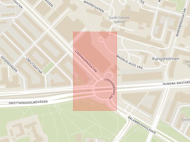 Karta som med röd fyrkant ramar in Kungsholmen, Lindhagensplan, Stockholm, Stockholms län