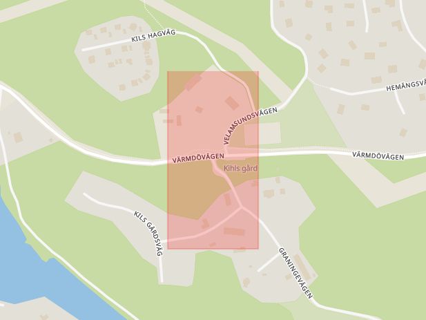 Karta som med röd fyrkant ramar in Graningevägen, Värmdövägen, Nacka, Stockholms län