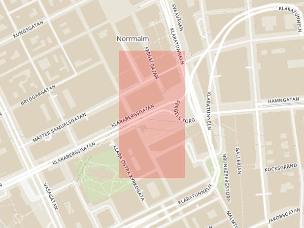 Karta som med röd fyrkant ramar in Klarabergsgatan, Sergels Torg, Stockholm, Stockholms län