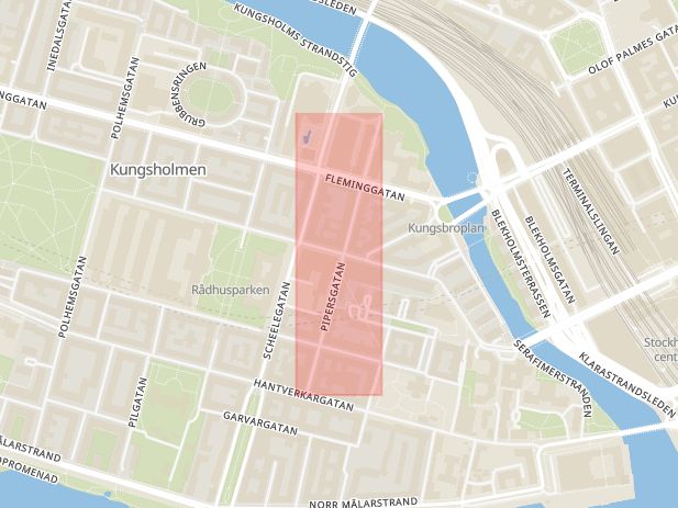 Karta som med röd fyrkant ramar in Kungsholmen, Pipersgatan, Stockholm, Stockholms län