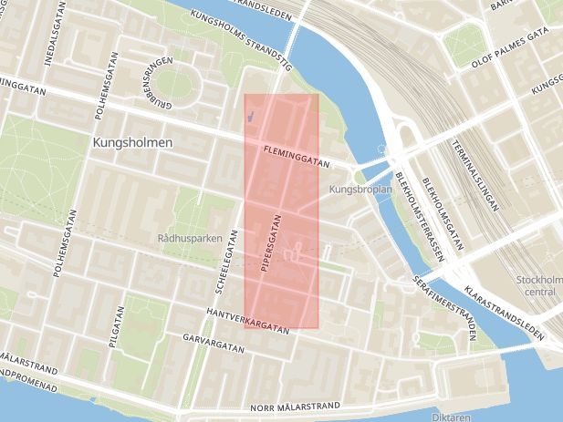 Karta som med röd fyrkant ramar in Pipersgatan, Stockholm, Stockholms län