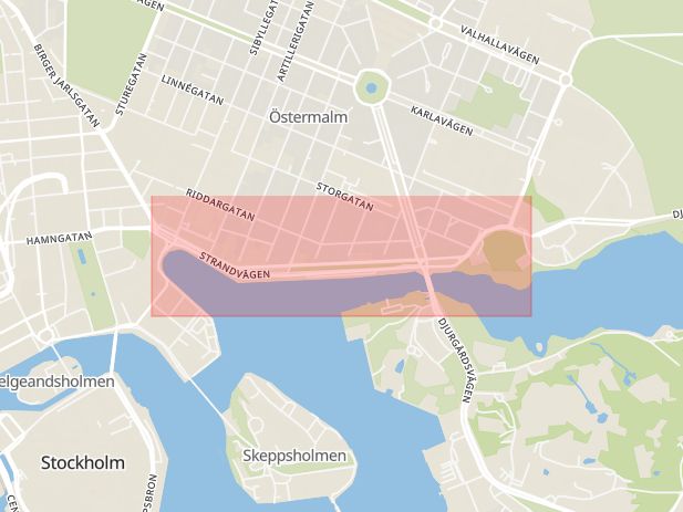 Karta som med röd fyrkant ramar in Östermalm, Strandvägen, Södermalm, Stockholm, Stockholms län