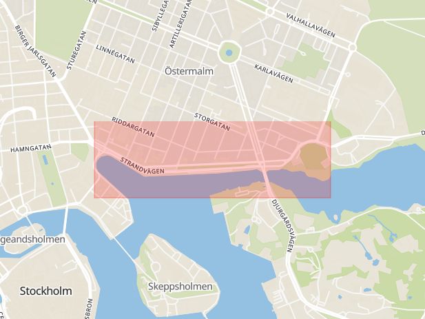 Karta som med röd fyrkant ramar in Strandvägen, Stockholm, Stockholms län