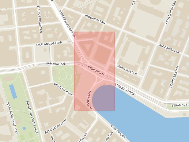 Karta som med röd fyrkant ramar in Nybroplan, Östermalm, Stockholm, Stockholms län