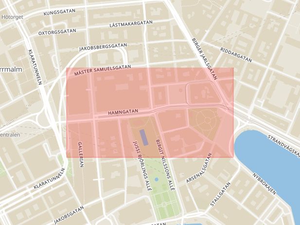 Karta som med röd fyrkant ramar in Hamngatan, Norrmalm, Stockholm, Stockholms län