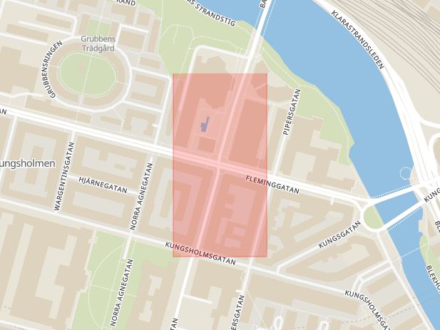 Karta som med röd fyrkant ramar in Kungsholmen, Fleminggatan, Scheelegatan, Stockholm, Stockholms län