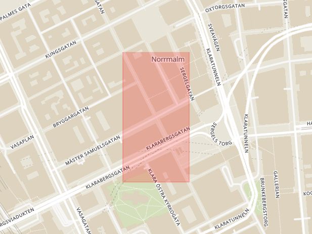 Karta som med röd fyrkant ramar in Norrmalm, Drottninggatan, Mäster Samuelsgatan, Stockholm, Stockholms län