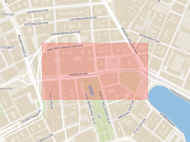 Karta som med röd fyrkant ramar in Norrmalm, Hamngatan, Stockholm, Stockholms län