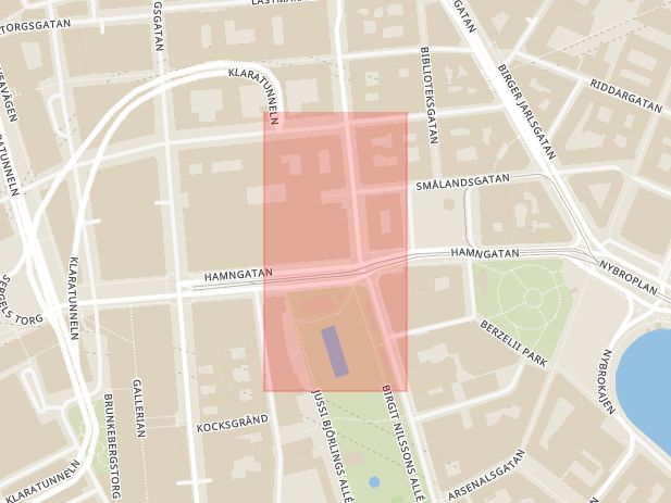 Karta som med röd fyrkant ramar in Hamngatan, Norrlandsgatan, Stockholm, Stockholms län
