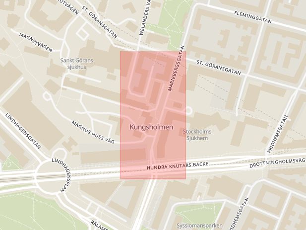Karta som med röd fyrkant ramar in Drottninggatan, Maria Ungdom, Stockholm, Stockholms län