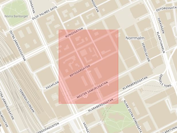 Karta som med röd fyrkant ramar in Bryggargatan, Stockholm, Stockholms län