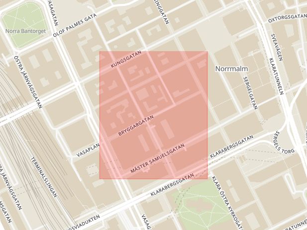 Karta som med röd fyrkant ramar in Norrmalm, Bryggargatan, Stockholm, Stockholms län
