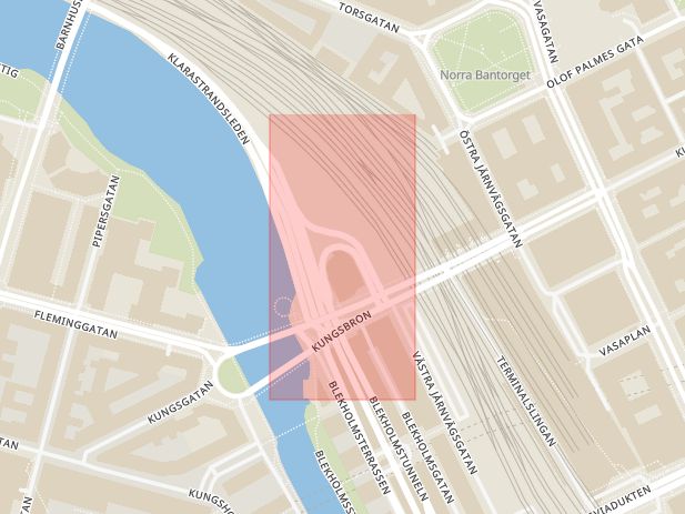 Karta som med röd fyrkant ramar in Klarastrandskopplet, Stockholm, Stockholms län