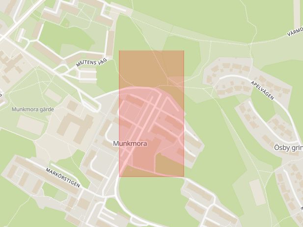 Karta som med röd fyrkant ramar in Gustavsberg, Munkmora, Lugnet, Värmdö, Stockholms län