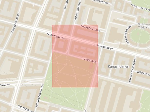 Karta som med röd fyrkant ramar in Parkgatan, Kungsholmen, Stockholm, Stockholms län