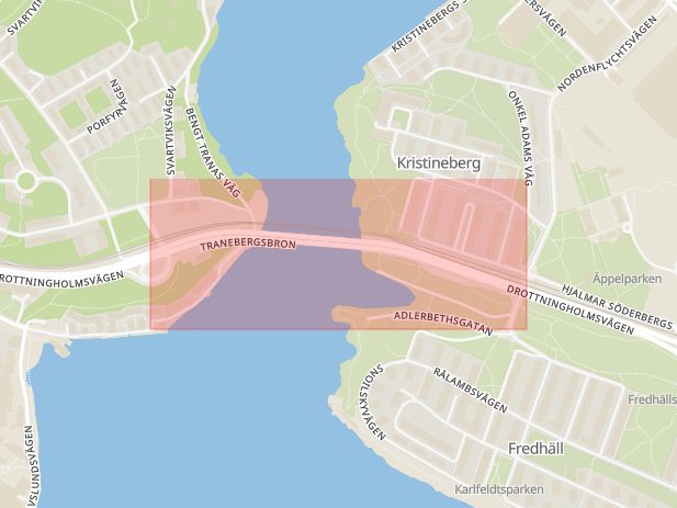 Karta som med röd fyrkant ramar in Tranebergsbron, Brommaplan, Stockholm, Stockholms län