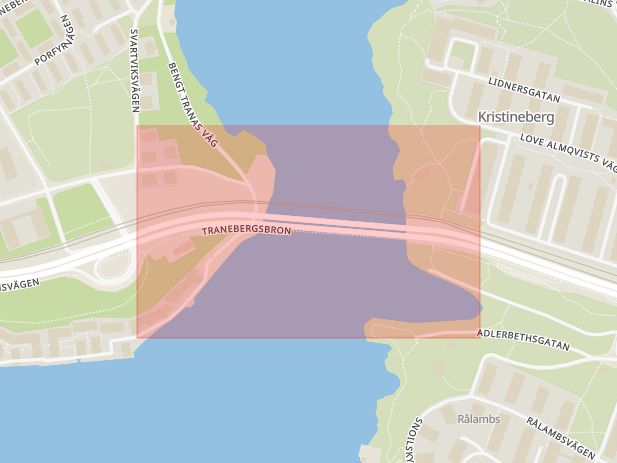 Karta som med röd fyrkant ramar in Tranebergsbron, Alvik, Traneberg, Stockholm, Stockholms län