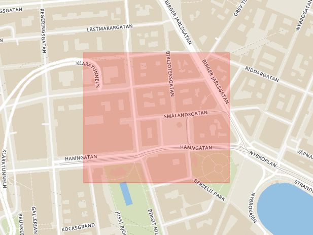 Karta som med röd fyrkant ramar in Smålandsgatan, Stockholm, Stockholms län