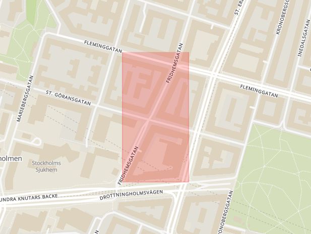 Karta som med röd fyrkant ramar in Fridhemsgatan, Sankt Göransgatan, Stadshagen, Stockholm, Stockholms län
