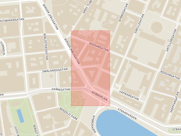 Karta som med röd fyrkant ramar in Östermalm, Ingmar Bergmans Gata, Stockholm, Stockholms län