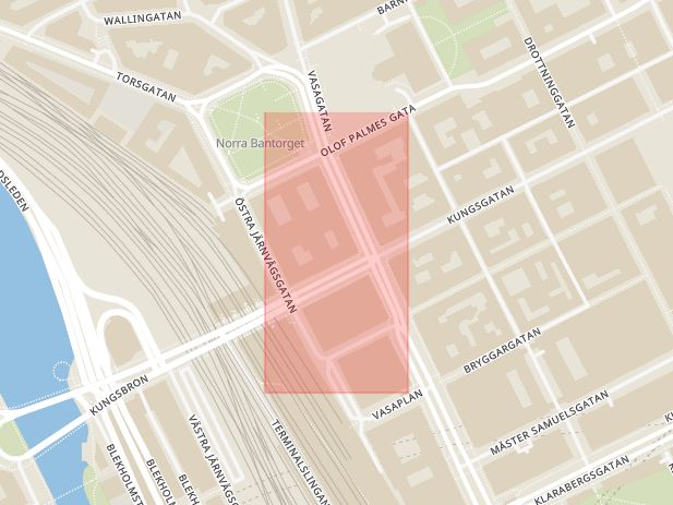 Karta som med röd fyrkant ramar in Kungsgatan, Hjärtstartare, Stockholm, Stockholms län