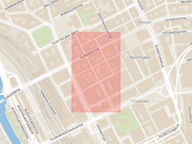 Karta som med röd fyrkant ramar in Norra Kyrkogatan, Stockholm, Stockholms län