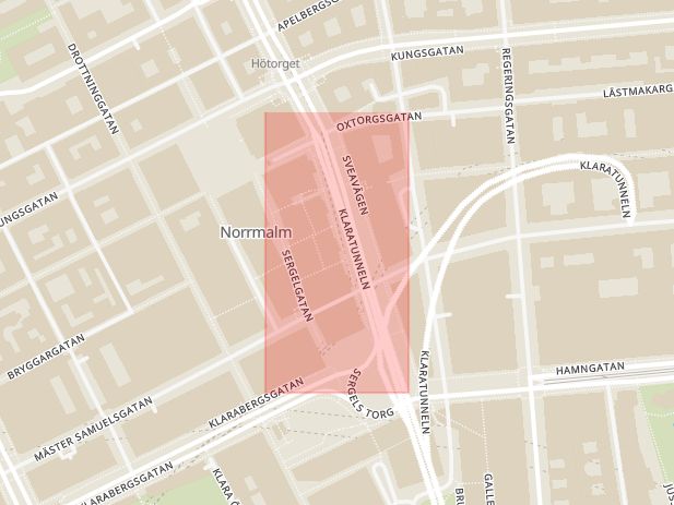 Karta som med röd fyrkant ramar in Kungsgatan, Stureplan, Sveavägen, Stockholm, Stockholms län