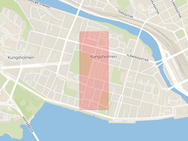 Karta som med röd fyrkant ramar in Kungsholmen, Fleminggatan, Inedalsgatan, Polhemsgatan, Stockholm, Stockholms län