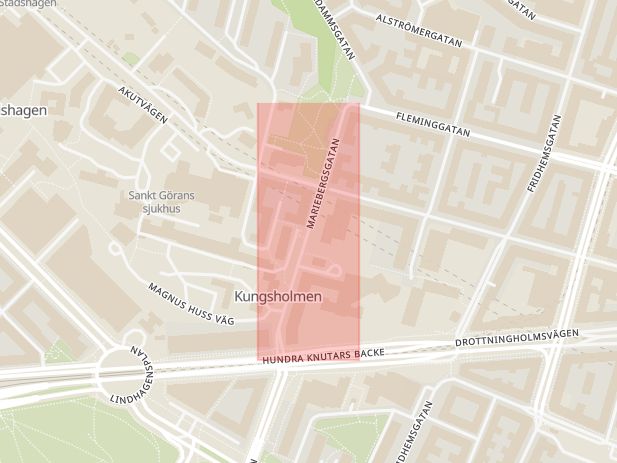 Karta som med röd fyrkant ramar in Mariebergsgatan, Stockholm, Stockholms län