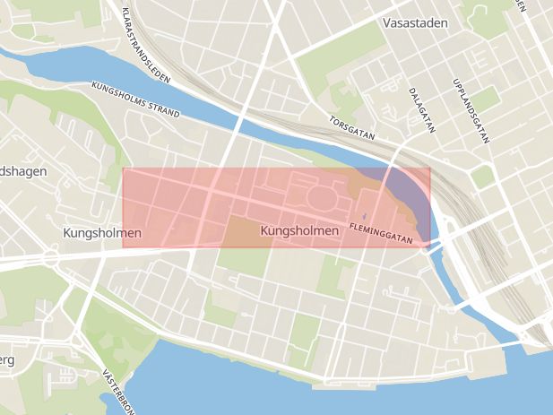 Karta som med röd fyrkant ramar in Fleminggatan, Stadshagen, Stockholm, Stockholms län
