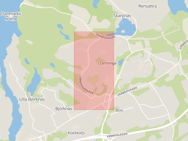Karta som med röd fyrkant ramar in Ormingeringen, Nacka, Stockholms län