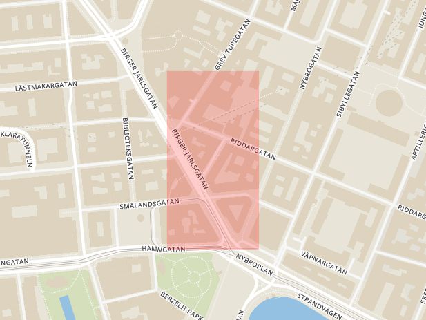 Karta som med röd fyrkant ramar in Styckjunkargatan, Östermalm, Stockholm, Stockholms län