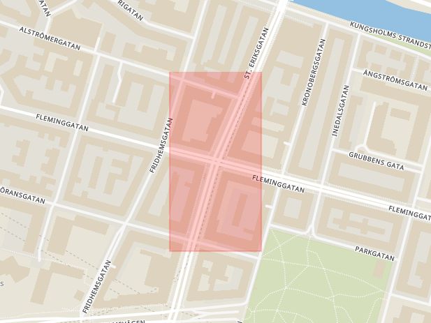 Karta som med röd fyrkant ramar in Fleminggatan, Sankt Eriksgatan, Stockholm, Stockholms län