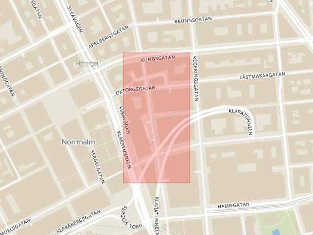 Karta som med röd fyrkant ramar in Jakobsbergsgatan, Malmskillnadsgatan, Stockholm, Stockholms län
