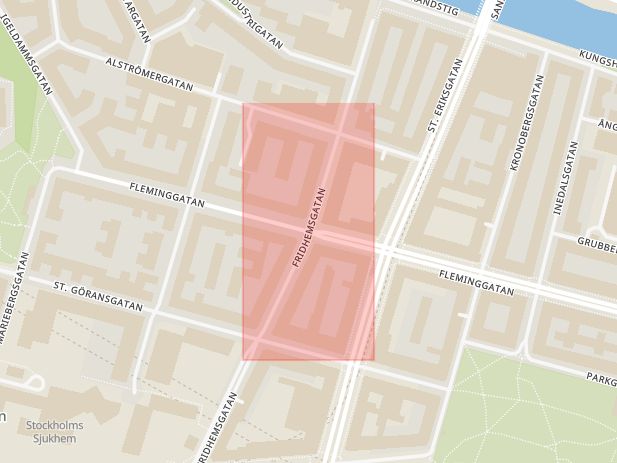 Karta som med röd fyrkant ramar in Kungsholmen, Fridhemsgatan, Fleminggatan, Stockholm, Stockholms län