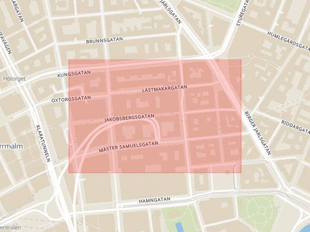 Karta som med röd fyrkant ramar in Jakobsbergsgatan, Stockholm, Stockholms län