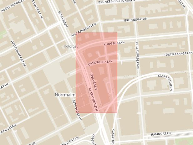 Karta som med röd fyrkant ramar in Hötorget, Sveavägen, Stockholm, Stockholms län
