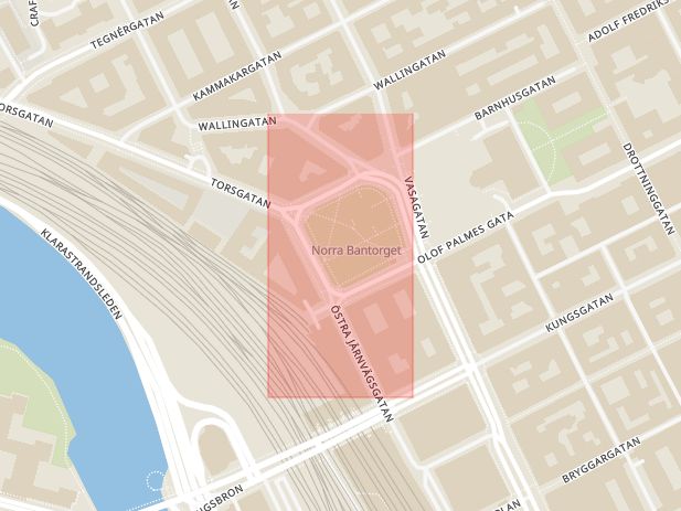 Karta som med röd fyrkant ramar in Norra Bantorget, Stockholms län