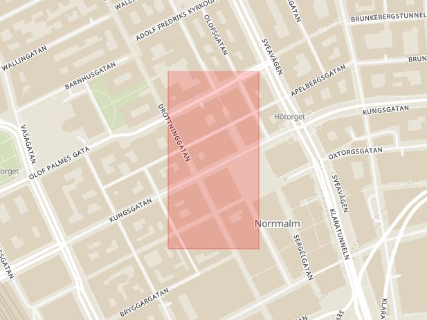 Karta som med röd fyrkant ramar in Kungsgatan, Hötorget, Stockholm, Stockholms län