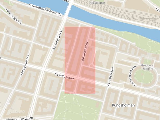 Karta som med röd fyrkant ramar in Kungsholmen, Inedalsgatan, Stockholm, Stockholms län