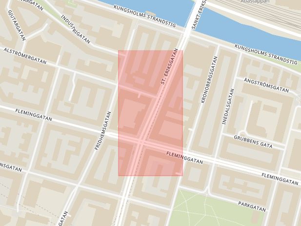 Karta som med röd fyrkant ramar in Kungsholmen, Fleminggatan, Sankt Eriksgatan, Stockholm, Stockholms län