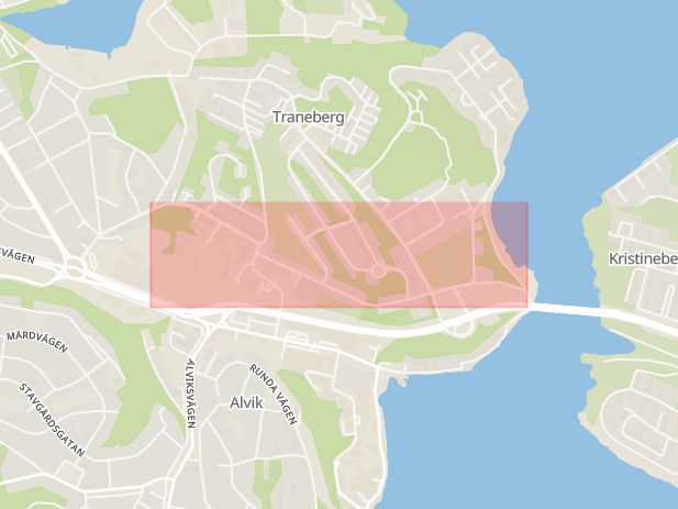 Karta som med röd fyrkant ramar in Traneberg, Tranebergsvägen, Stockholm, Stockholms län