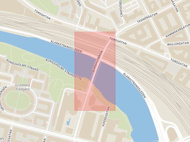 Karta som med röd fyrkant ramar in Barnhusbron, Broms, Stockholm, Stockholms län