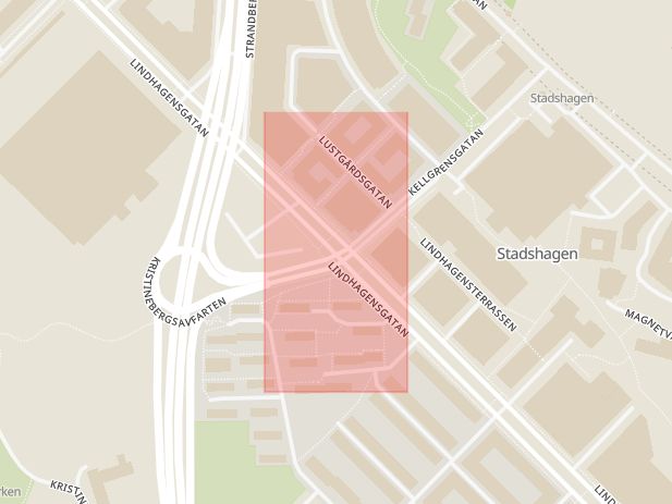 Karta som med röd fyrkant ramar in Kellgrensgatan, Lindhagensgatan, Stockholm, Stockholms län