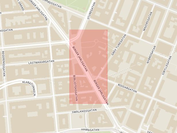 Karta som med röd fyrkant ramar in Östermalm, Östermalmstorg, Birger Jarlsgatan, Stockholm, Stockholms län