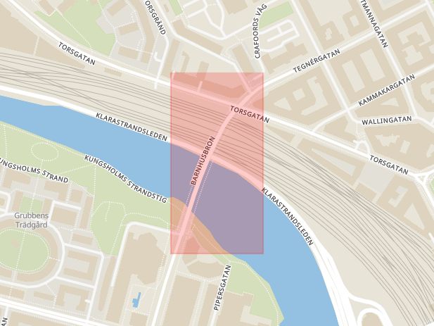 Karta som med röd fyrkant ramar in Barnhusbron, Stockholm, Stockholms län