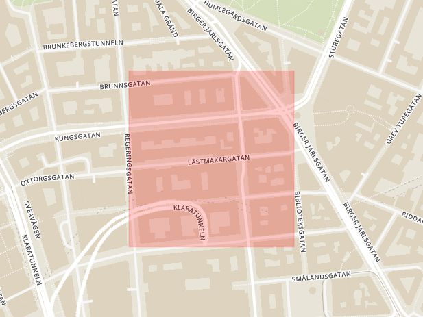 Karta som med röd fyrkant ramar in Lästmakargatan, Norrmalm, Stockholm, Stockholms län