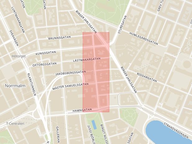 Karta som med röd fyrkant ramar in Norrlandsgatan, Stockholm, Stockholms län