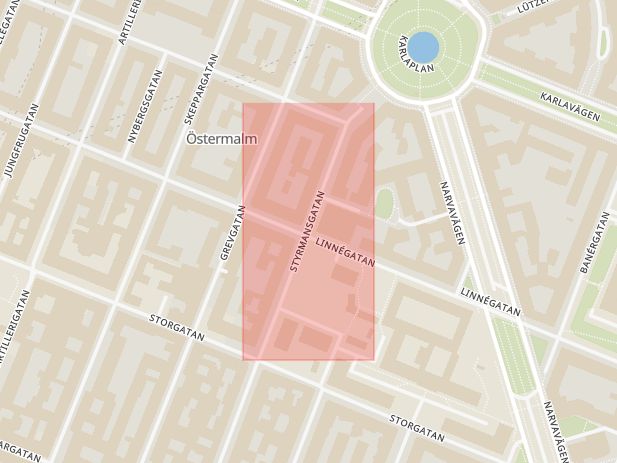 Karta som med röd fyrkant ramar in Östermalm, Linnégatan, Styrmansgatan, Stockholm, Stockholms län