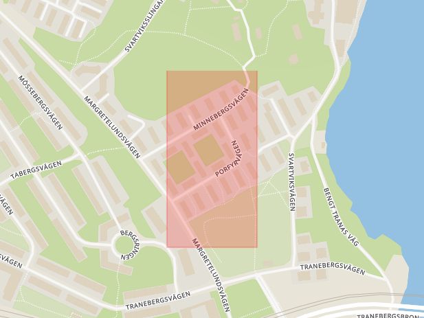 Karta som med röd fyrkant ramar in Traneberg, Porfyrvägen, Stockholm, Stockholms län